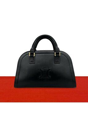 Celine Vintage Triomphe Logo Embossed Leather Mini Boston Bag Brown